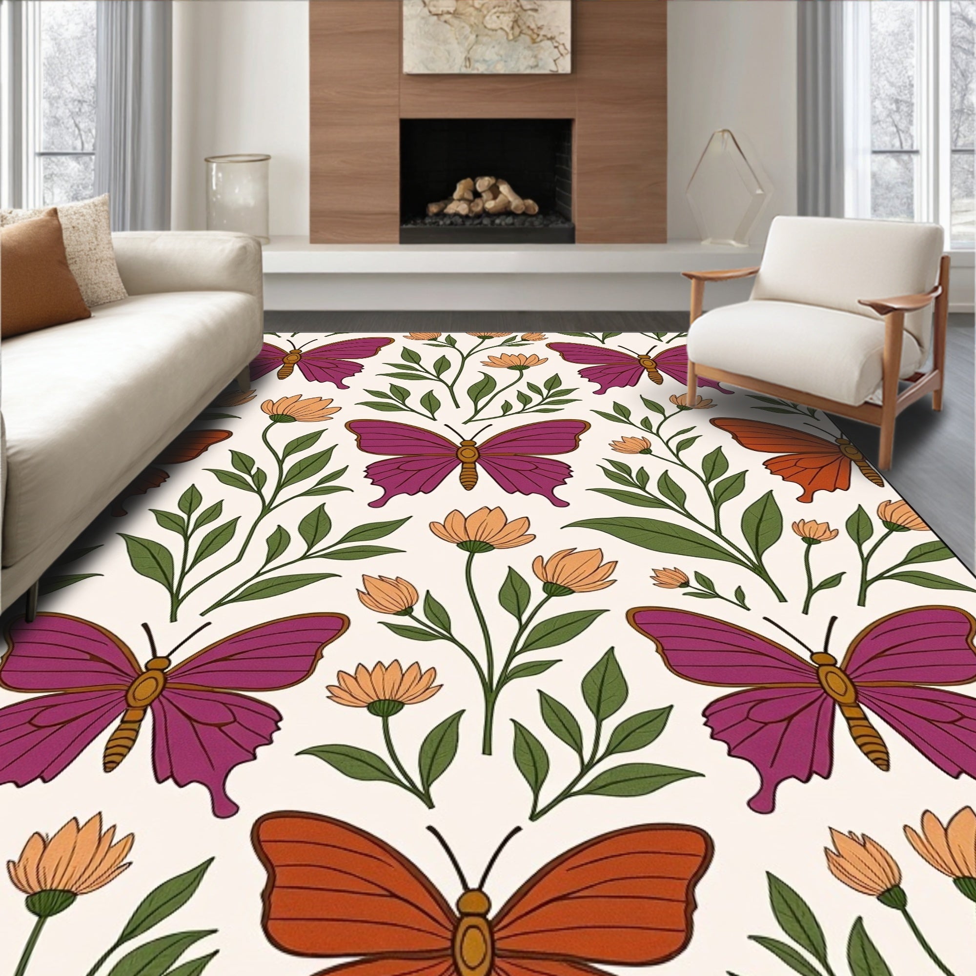 Purple Orange Butterfly Floral Meadow Rug