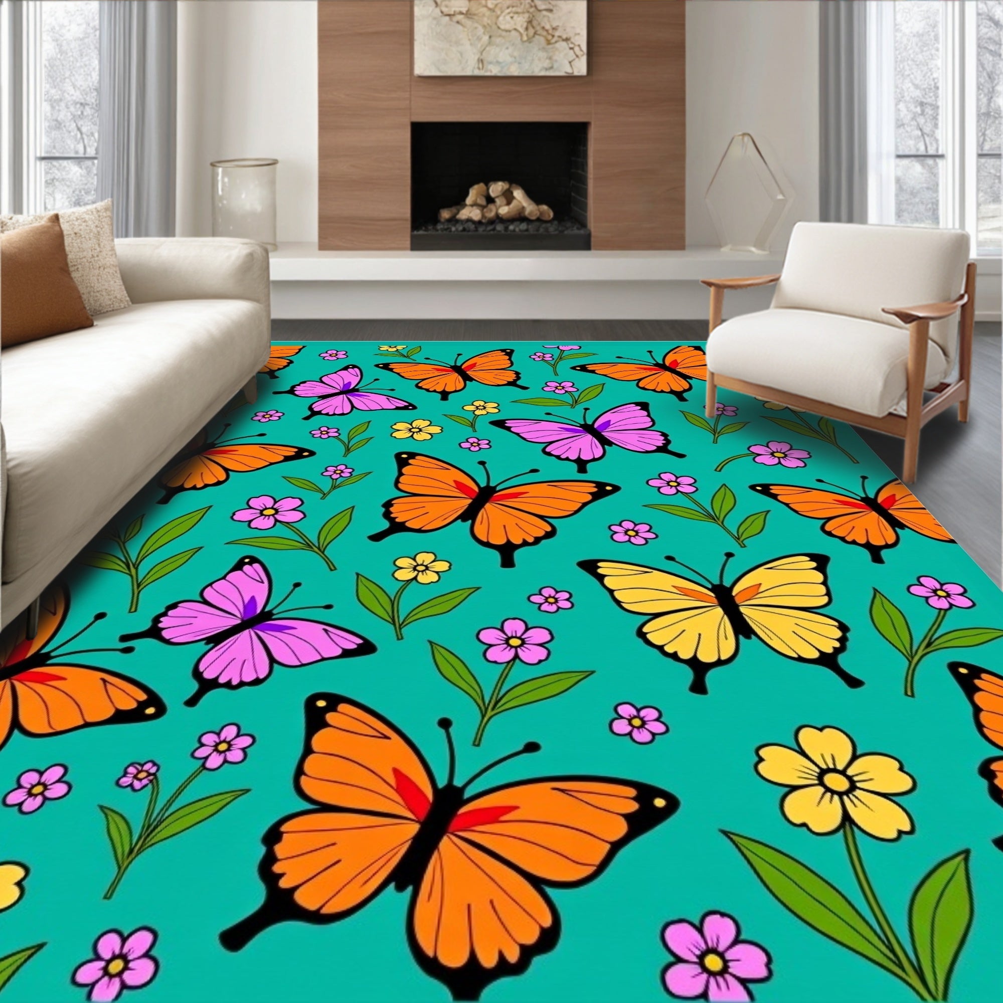 Vibrant Butterfly Garden With Flowers Rug