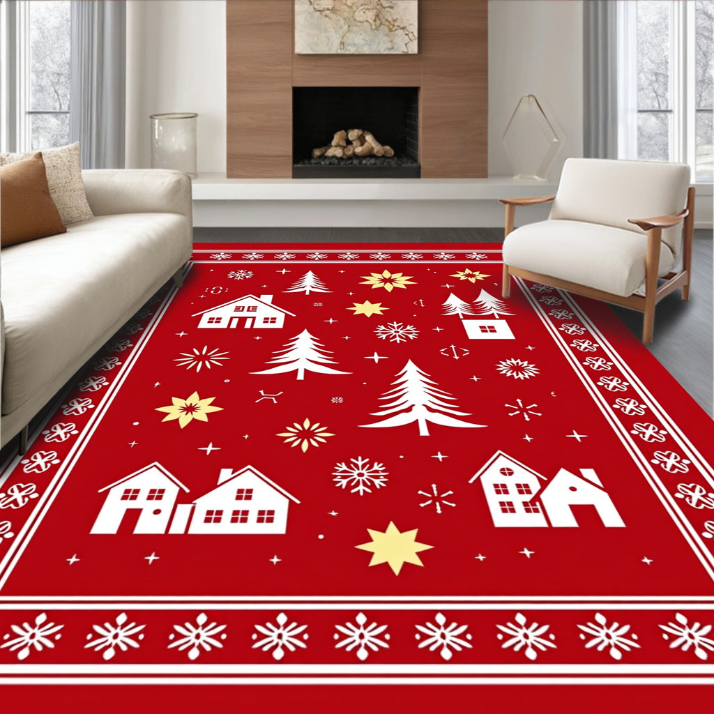 Crimson Winter Village Snowflake Trees Rug