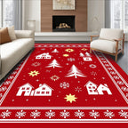 Crimson Winter Village Snowflake Trees Rug