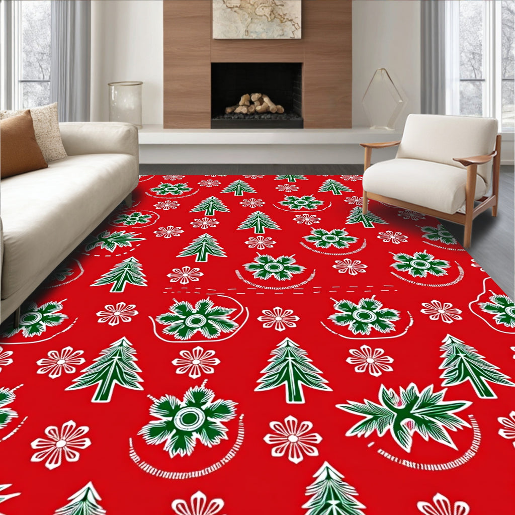 Festive Red Green Christmas Trees Snowflakes Rug