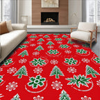 Festive Red Green Christmas Trees Snowflakes Rug