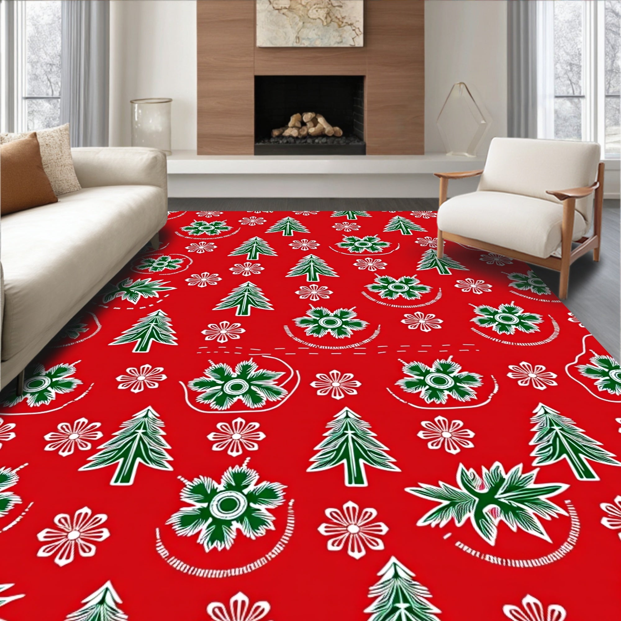 Festive Red Green Christmas Trees Snowflakes Rug