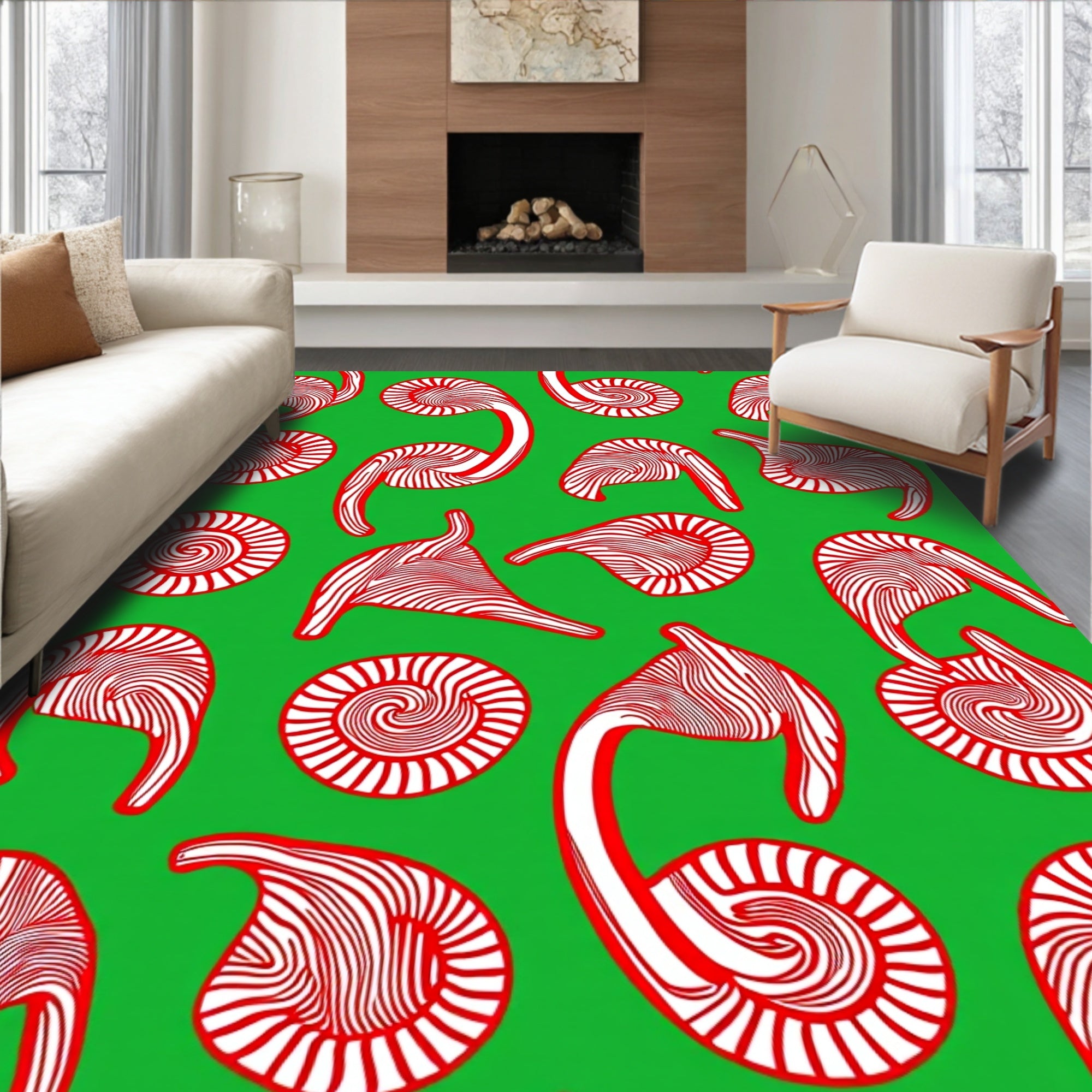 Red White Swirls On Green Field Rug
