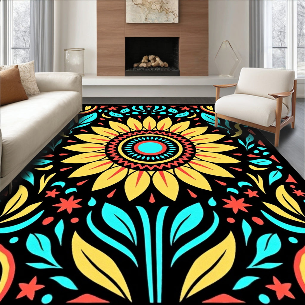 Vibrant Yellow Sunflower Folk Art Rug
