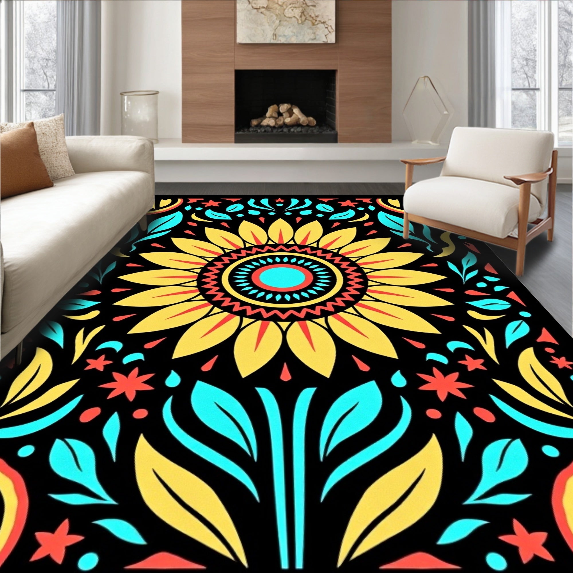 Vibrant Yellow Sunflower Folk Art Rug