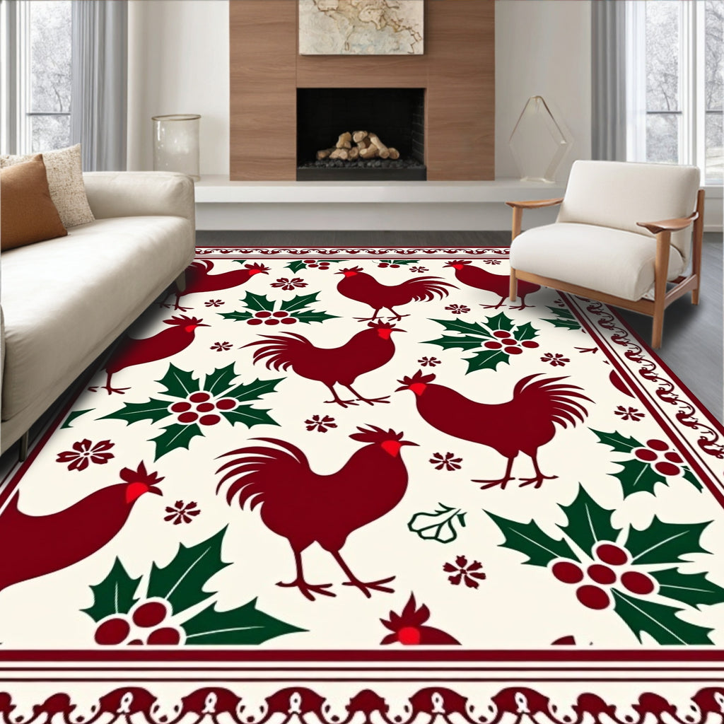 Dark Red Roosters Holly Border Rug