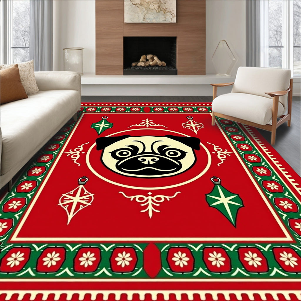 Red Pug Face Ornament Festive Rug