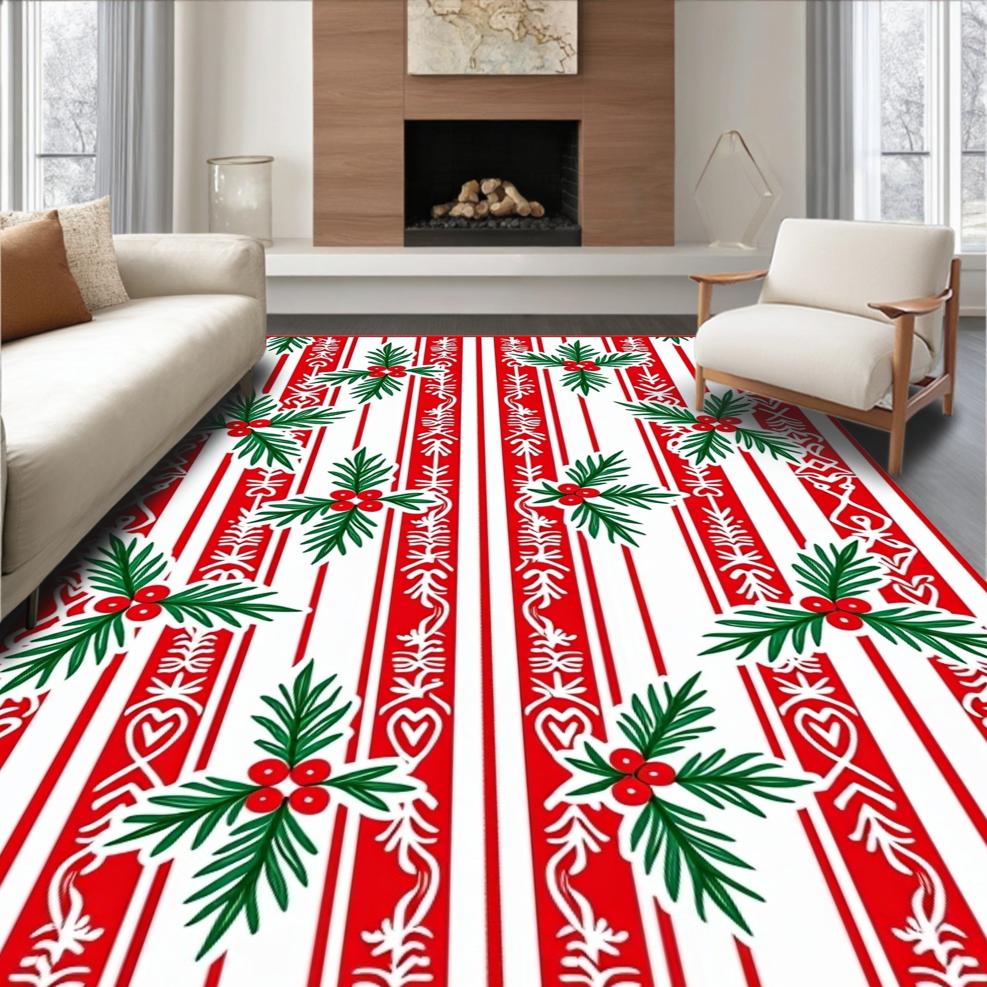 Red White Stripe Holly Garland Rug