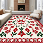 Red White Floral Border Arrangement Rug