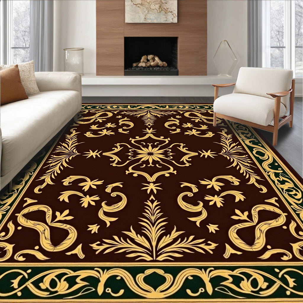 Dark Brown Gold Scroll Border Floral Rug