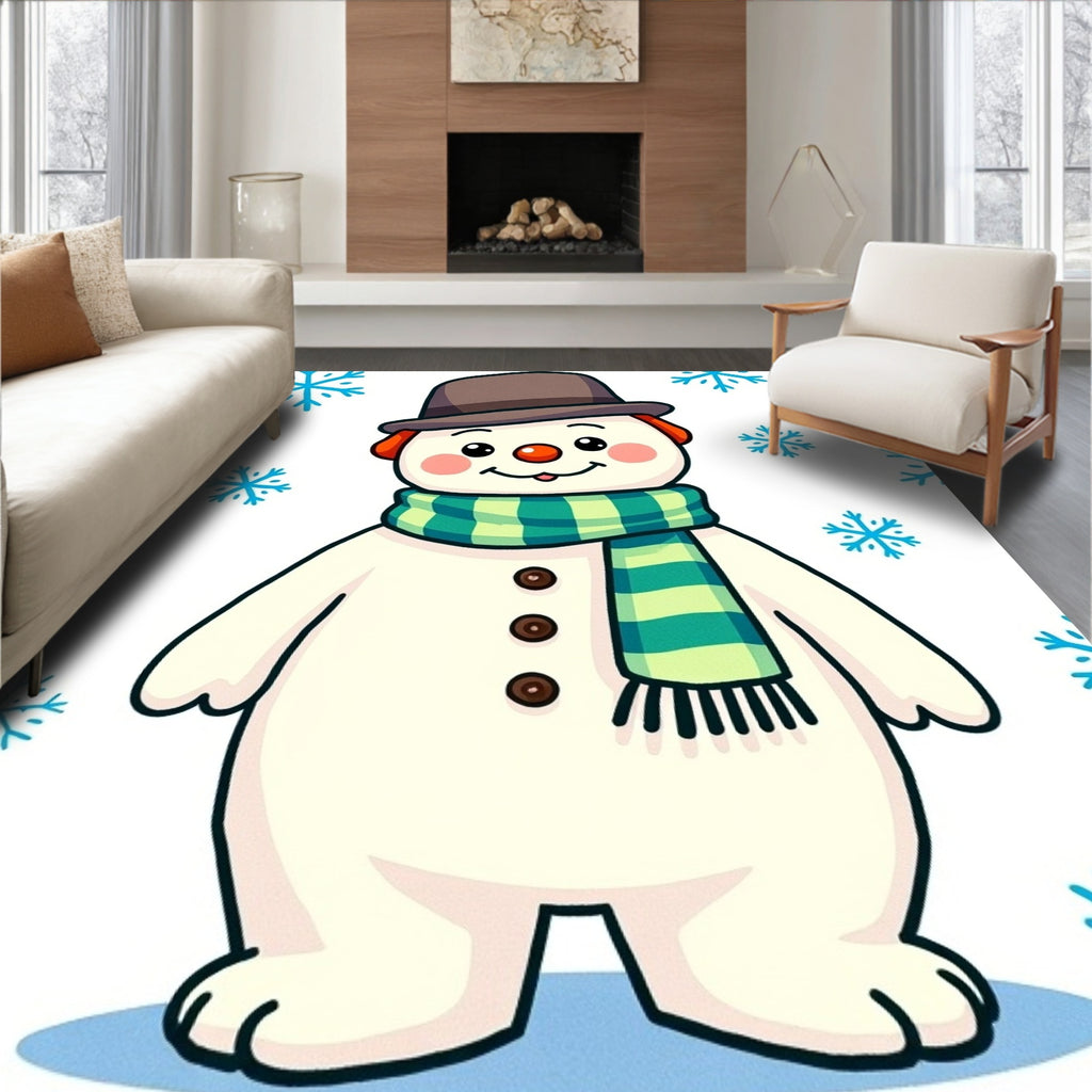 Winter Snowman Green Plaid Scarf Snowflakes Rug