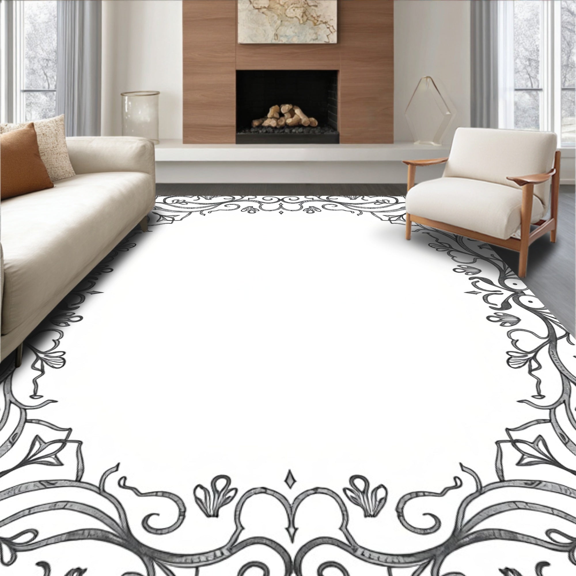 Ornate Gray Floral Leaf Swirl Rug