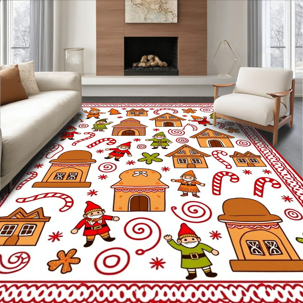 Cheerful Gingerbread Village Gnomes Candy Canes Rug