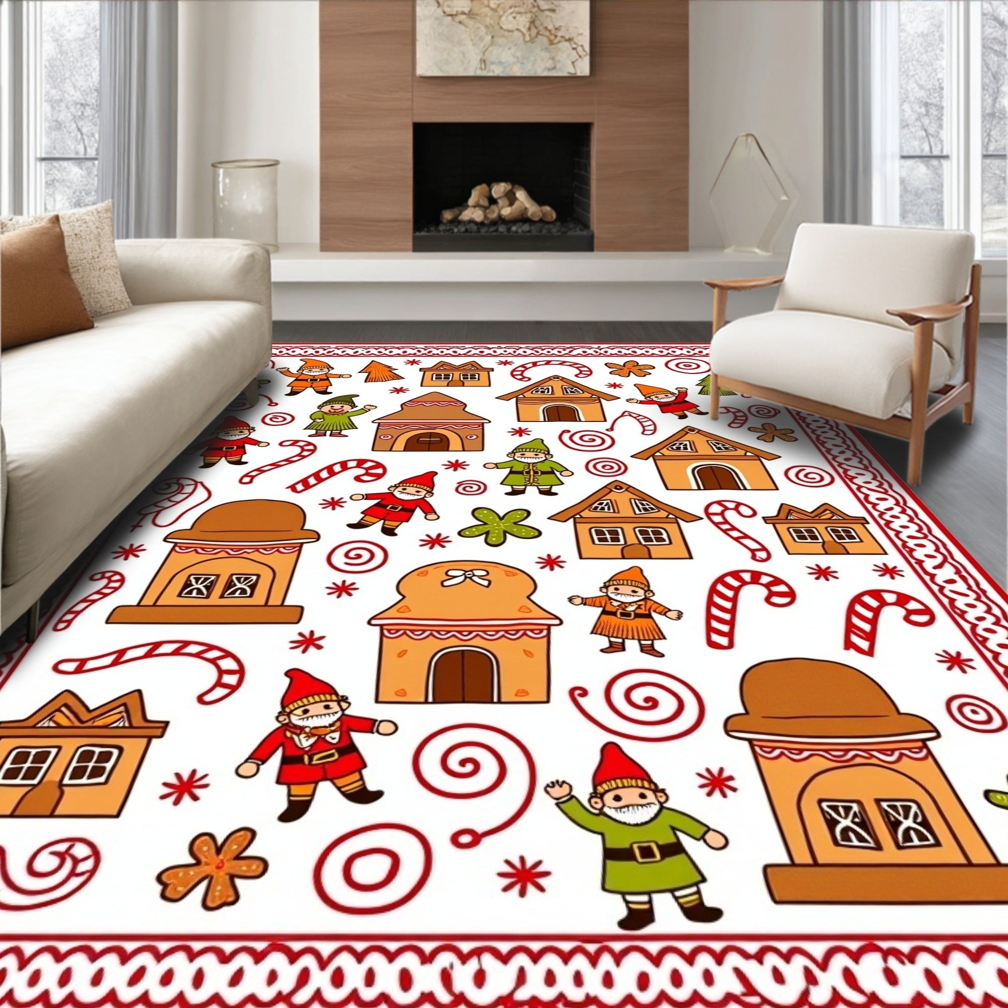 Cheerful Gingerbread Village Gnomes Candy Canes Rug