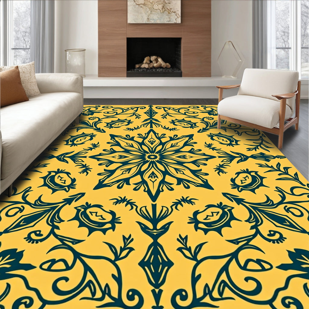 Royal Blue Floral Medallion on Yellow Rug