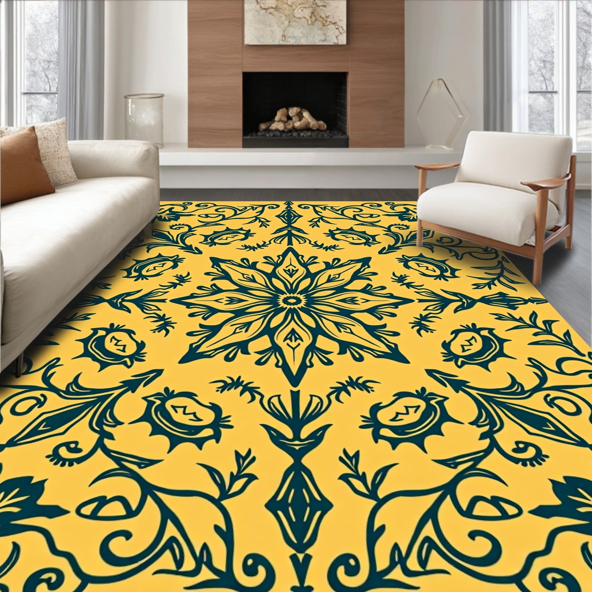 Royal Blue Floral Medallion on Yellow Rug