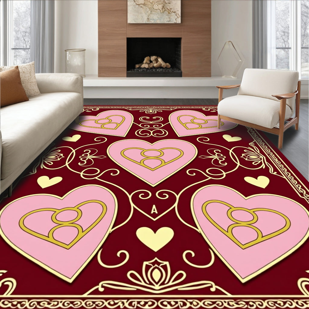 Golden Pink Hearts Burgundy Border Rug