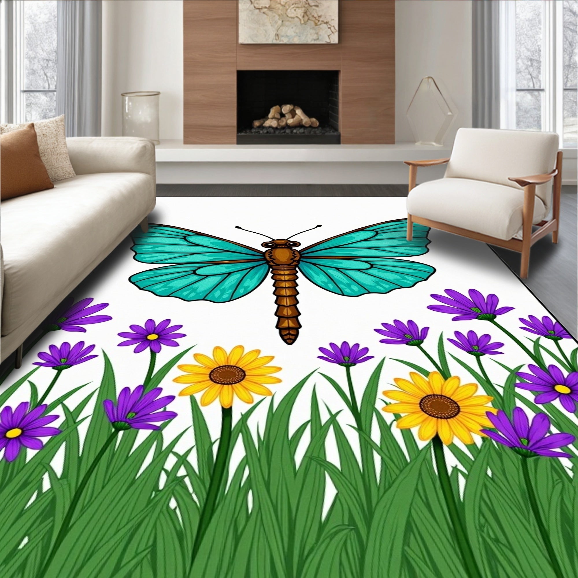 Turquoise Butterfly Purple Yellow Floral Garden Rug