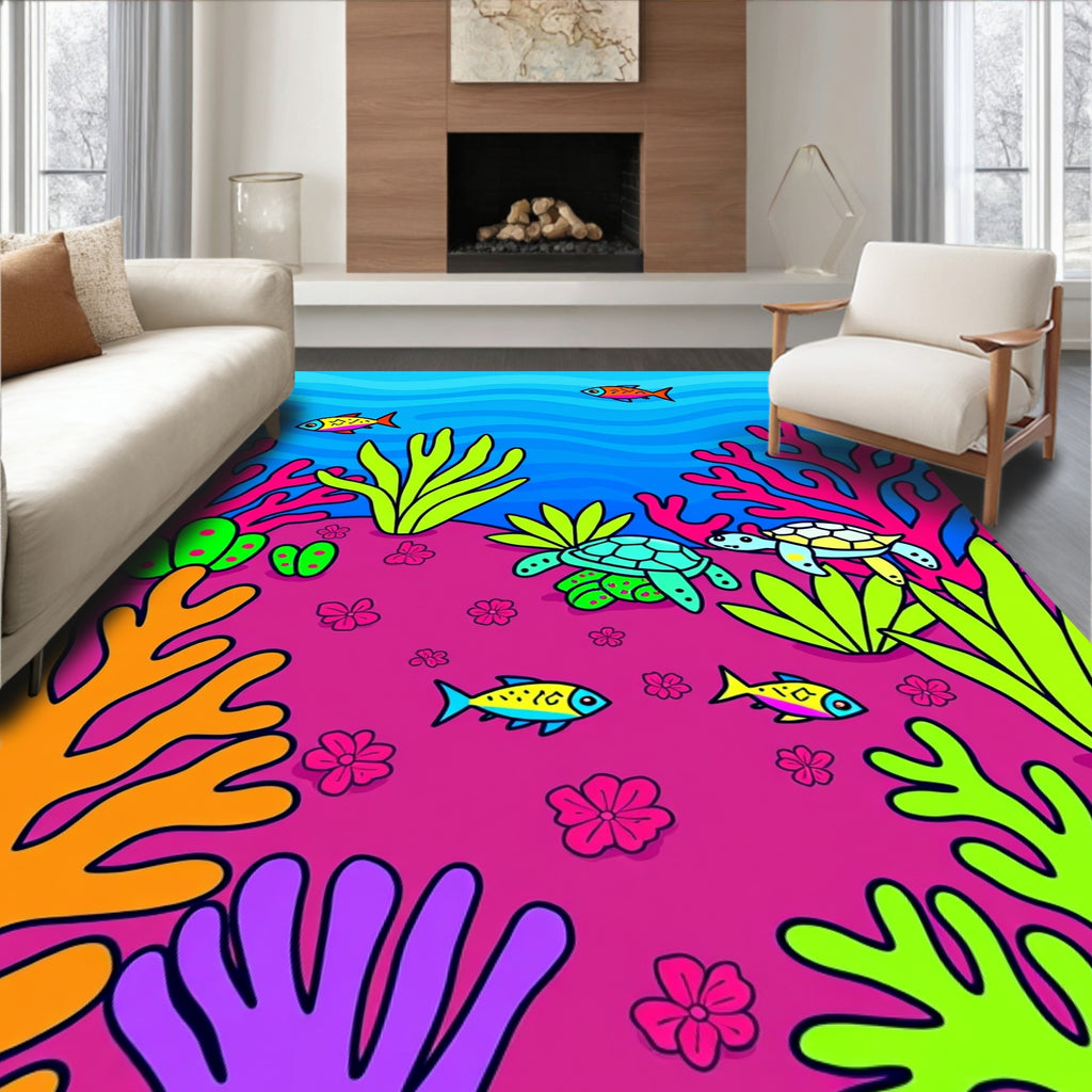 Vibrant Coral Reef Turtle Fish Scene Rug