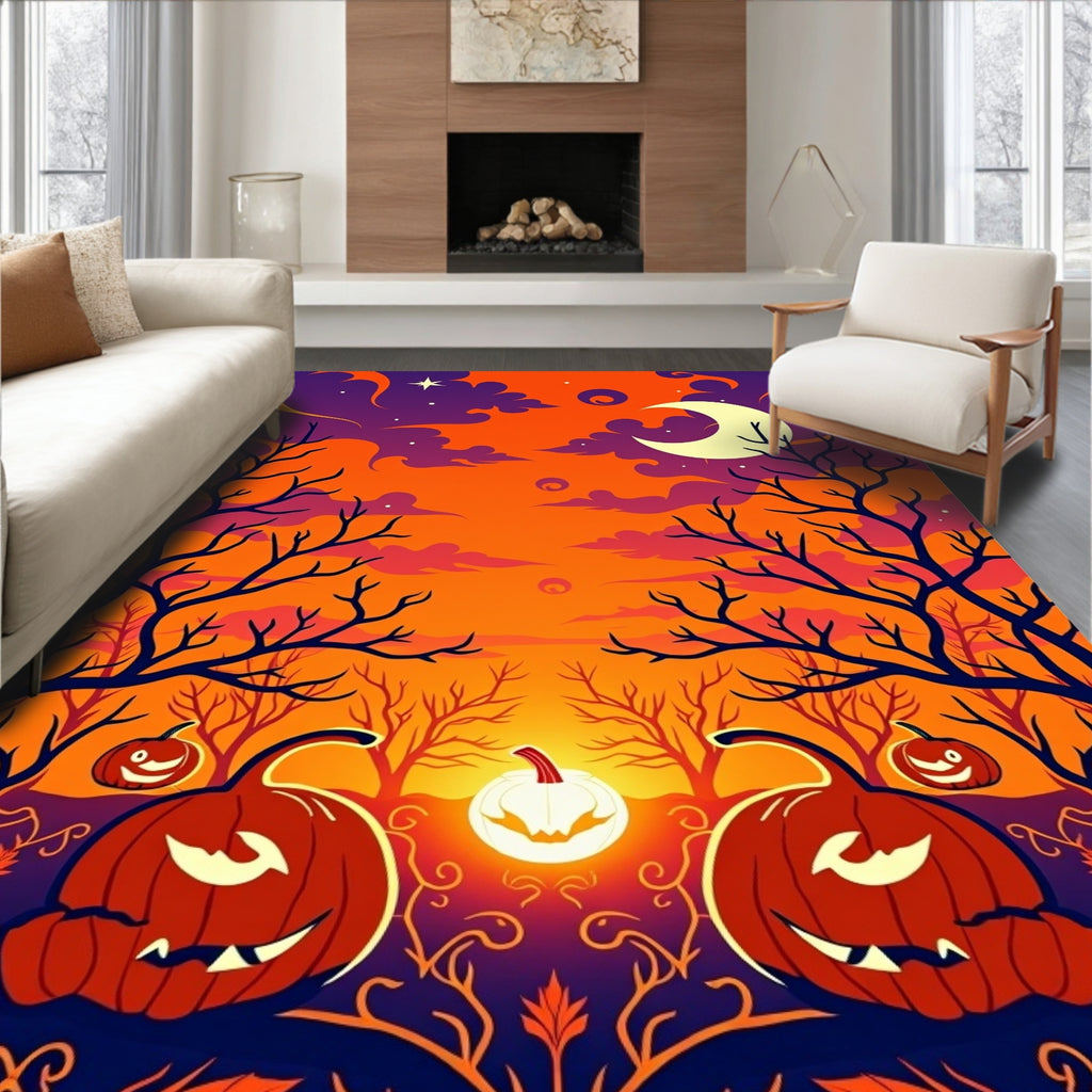 Spooky Orange Pumpkin Halloween Night Sky Rug