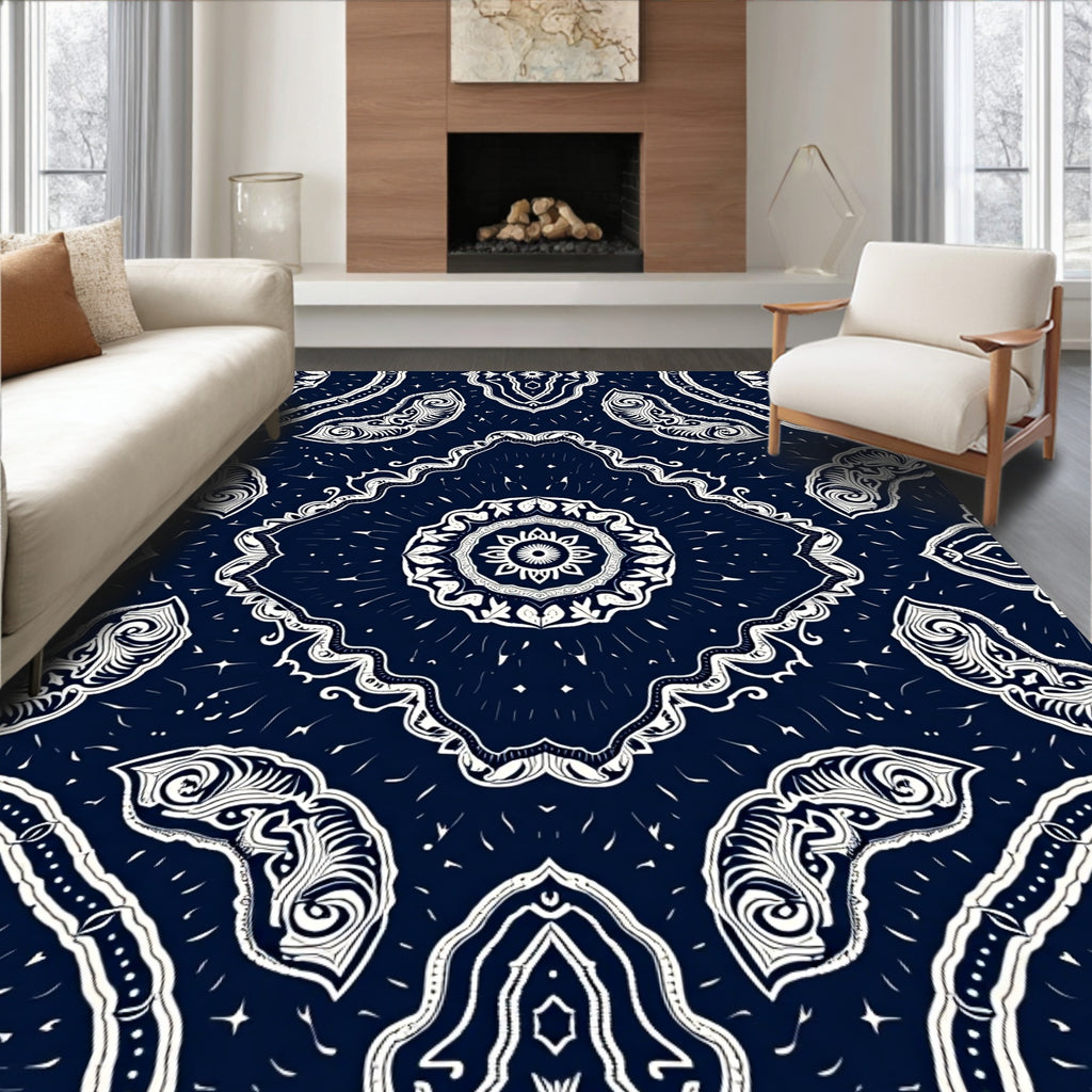 Deep Navy White Mandala Medallion Rug