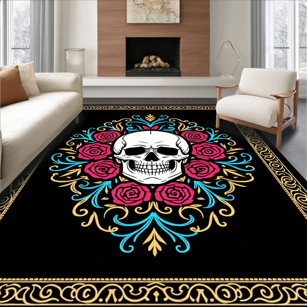 Skull Rose Black Gold Ornament Rug