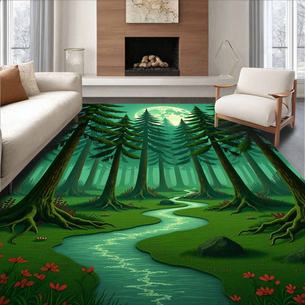 Moonlit Forest Stream With Red Flowers Rug