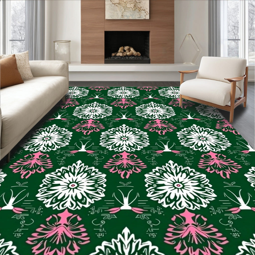 Art Deco Emerald White Pink Floral Rug