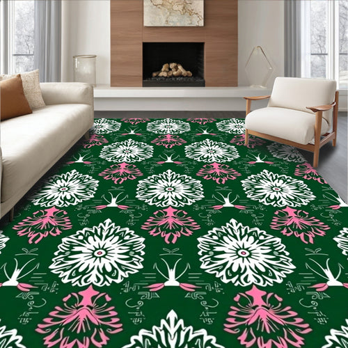 Art Deco Emerald White Pink Floral Rug