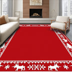 Festive Red White Reindeer Trees Border Rug