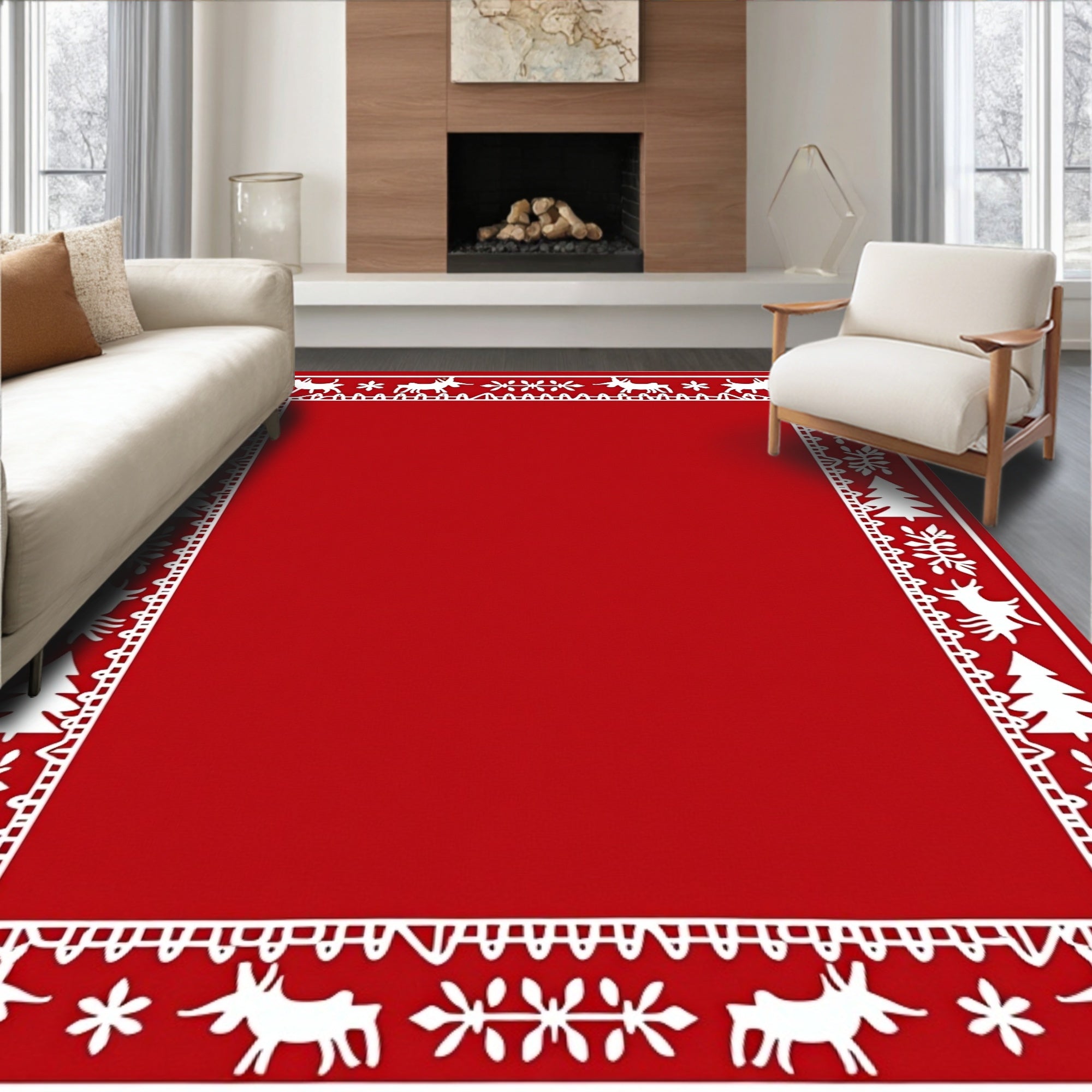 Festive Red White Reindeer Trees Border Rug