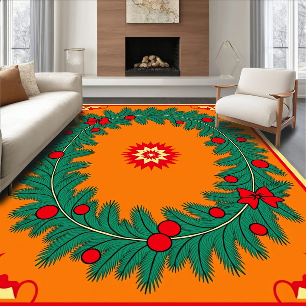 Festive Evergreen Wreath Red Ornament Rug