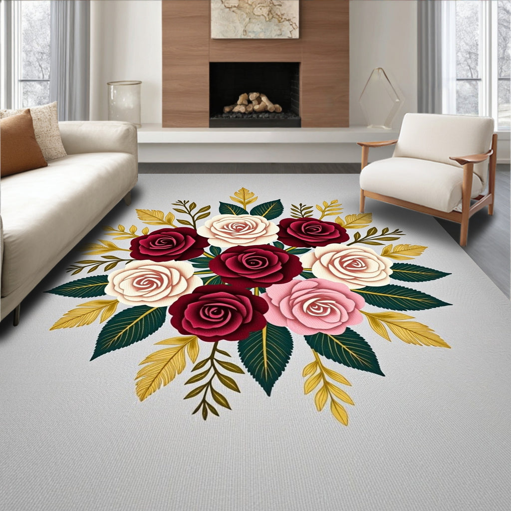 Floral Bouquet Arrangement Red Cream Pink Rug