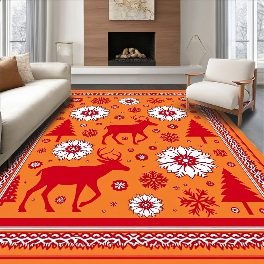 Red Deer Snowflake Christmas Orange Border Rug