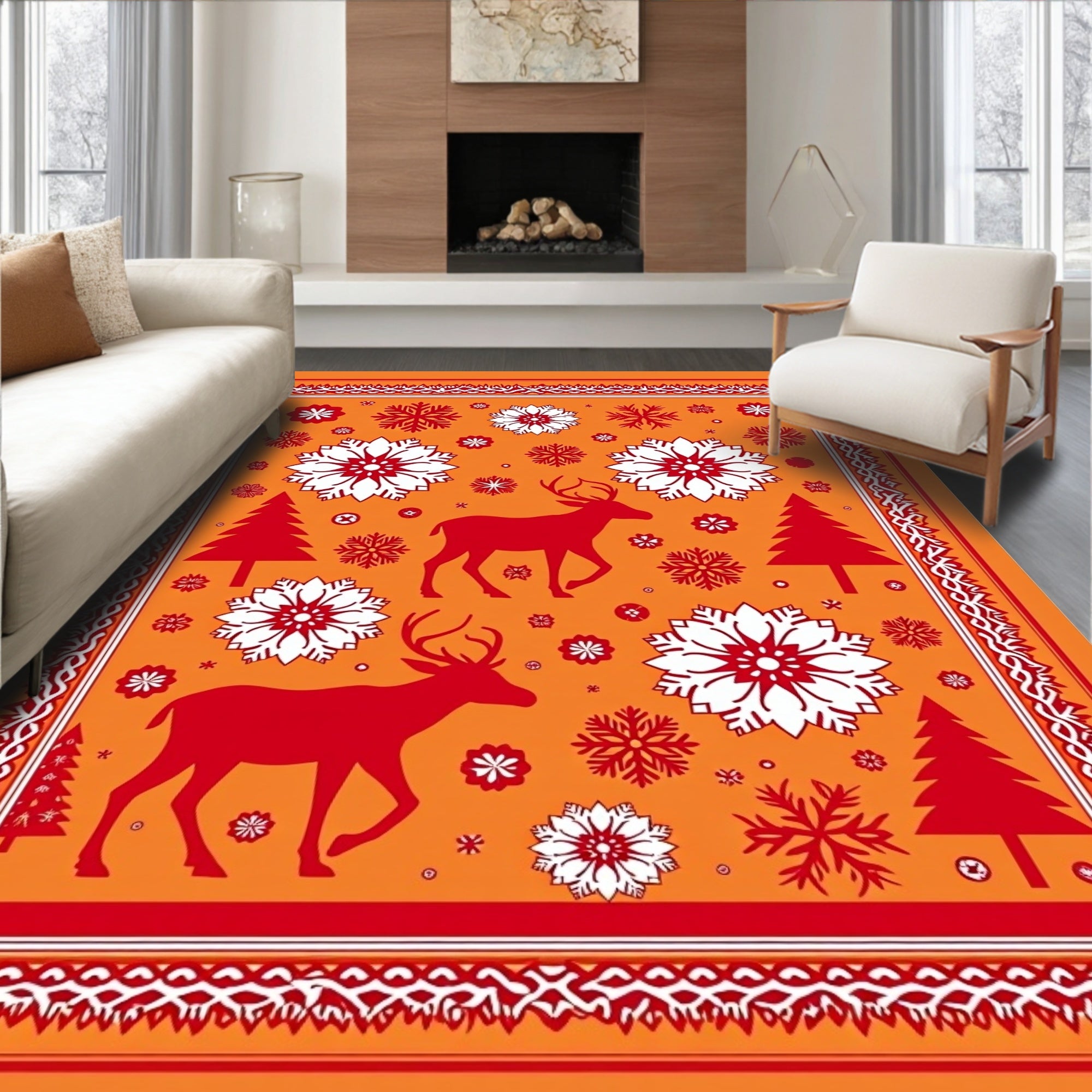 Red Deer Snowflake Christmas Orange Border Rug