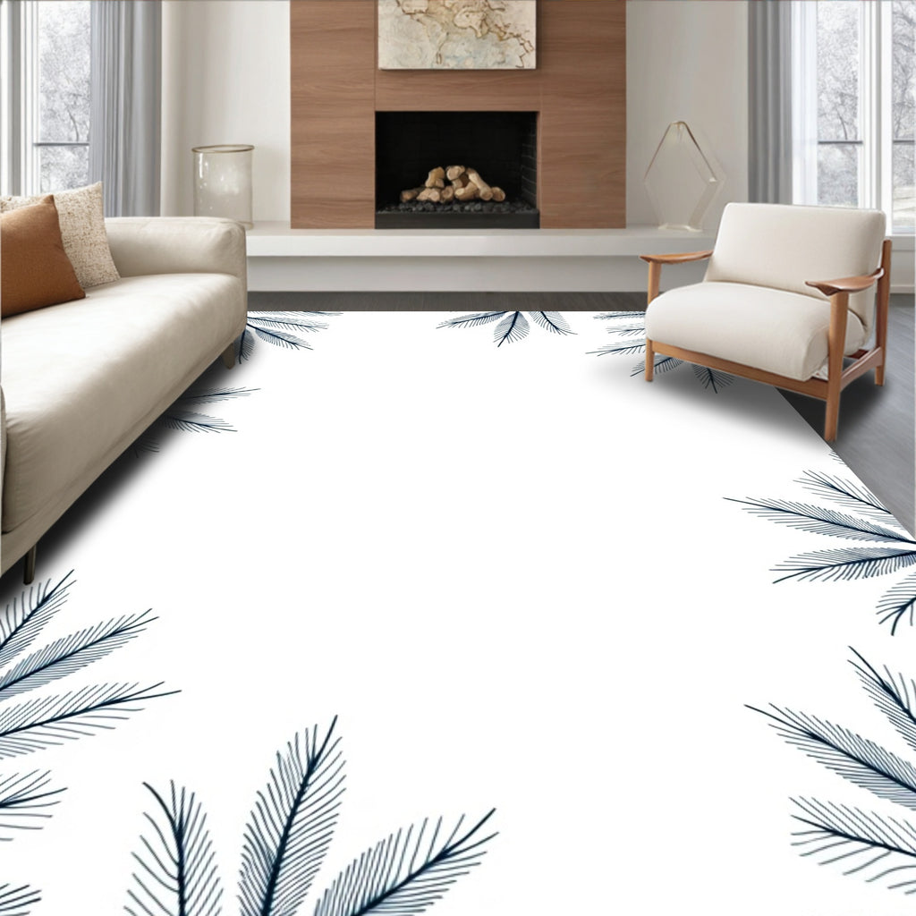 Navy Blue Botanical Leaf Border Rug