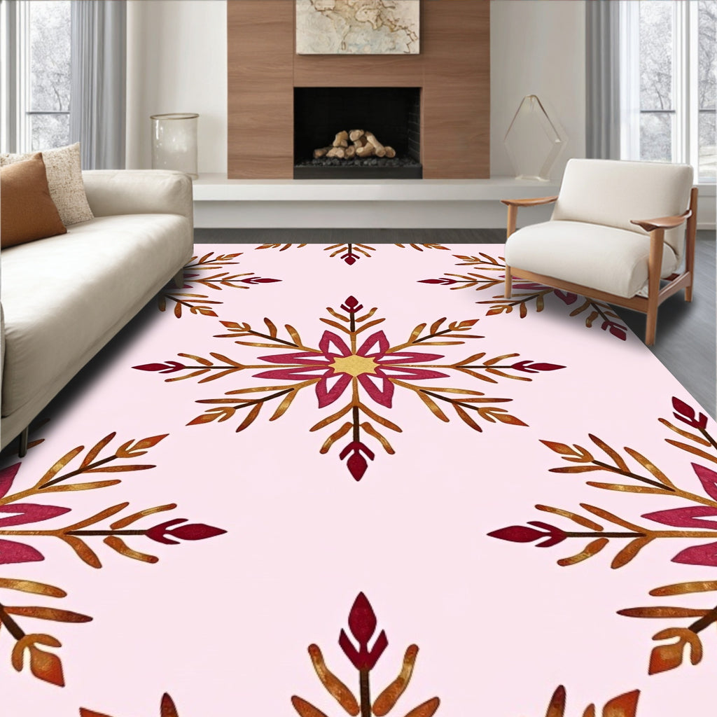 Crimson Gold Snowflake Repeat Print Rug