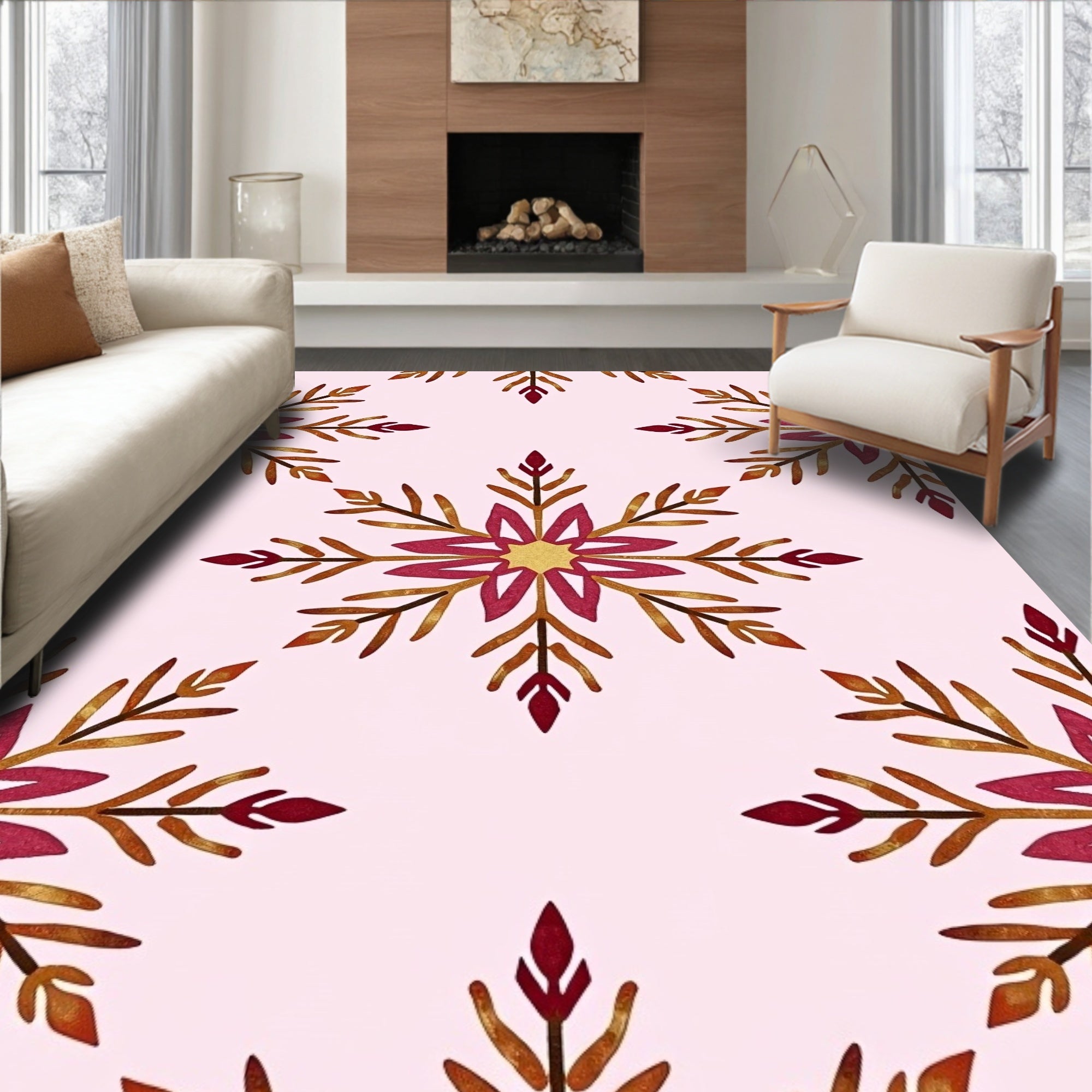 Crimson Gold Snowflake Repeat Print Rug