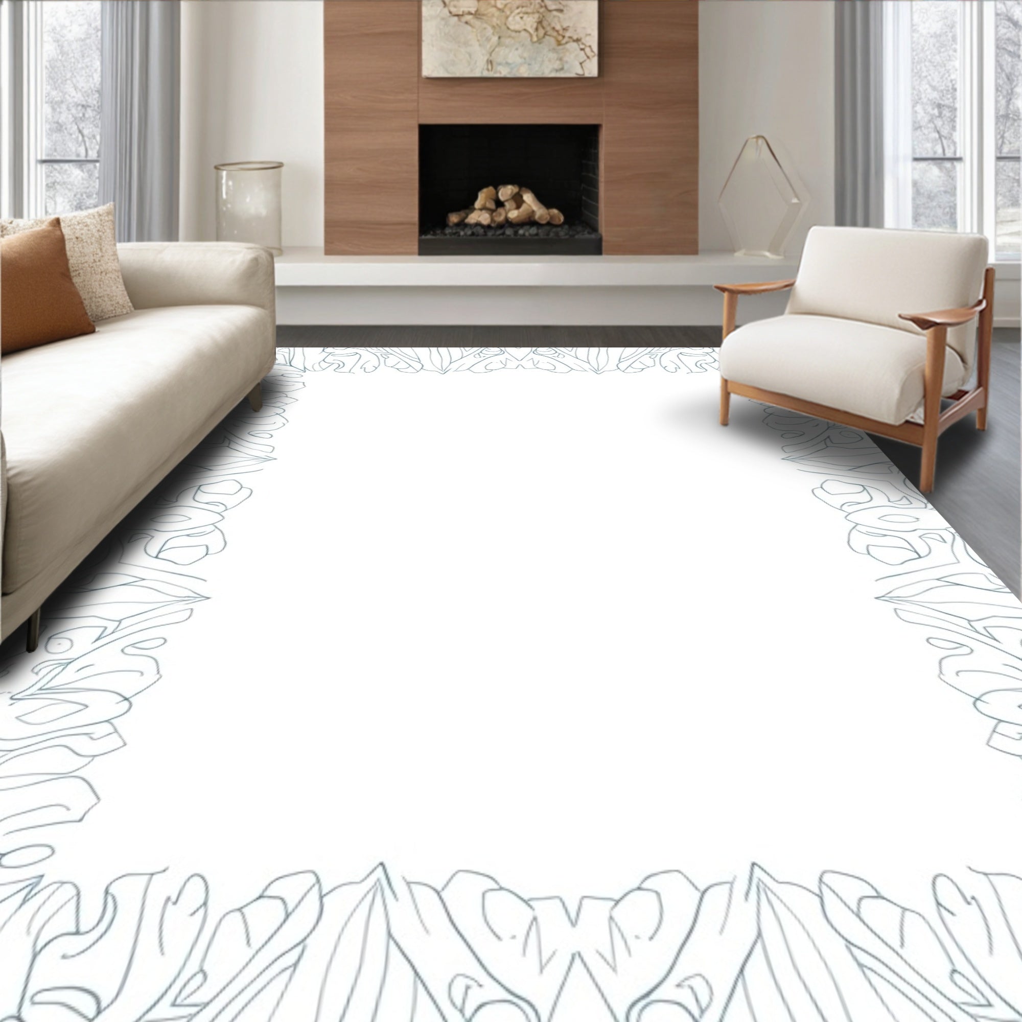 Ornate Blue Leafy Scrollwork Border Rug