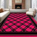 Vibrant Pink Black Plaid Fringe Rug