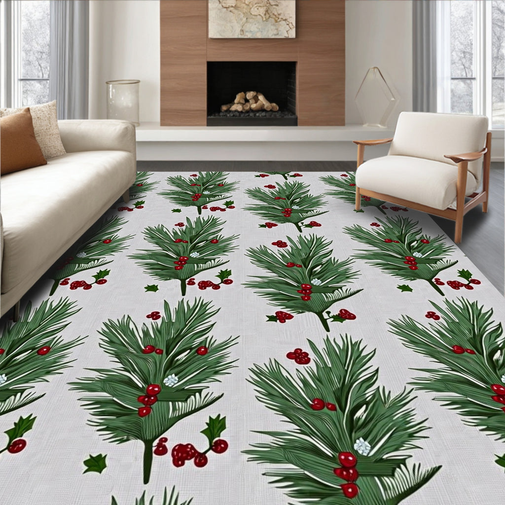 Green Pine Sprigs Red Berries Accents Rug