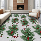 Green Pine Sprigs Red Berries Accents Rug