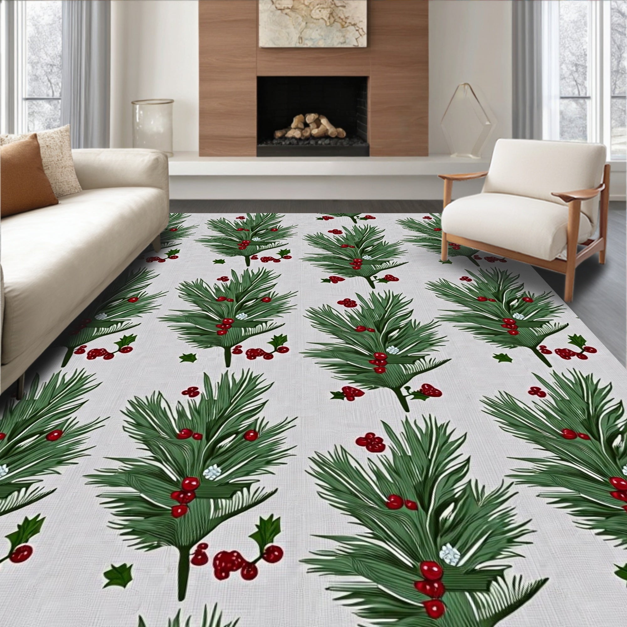 Green Pine Sprigs Red Berries Accents Rug