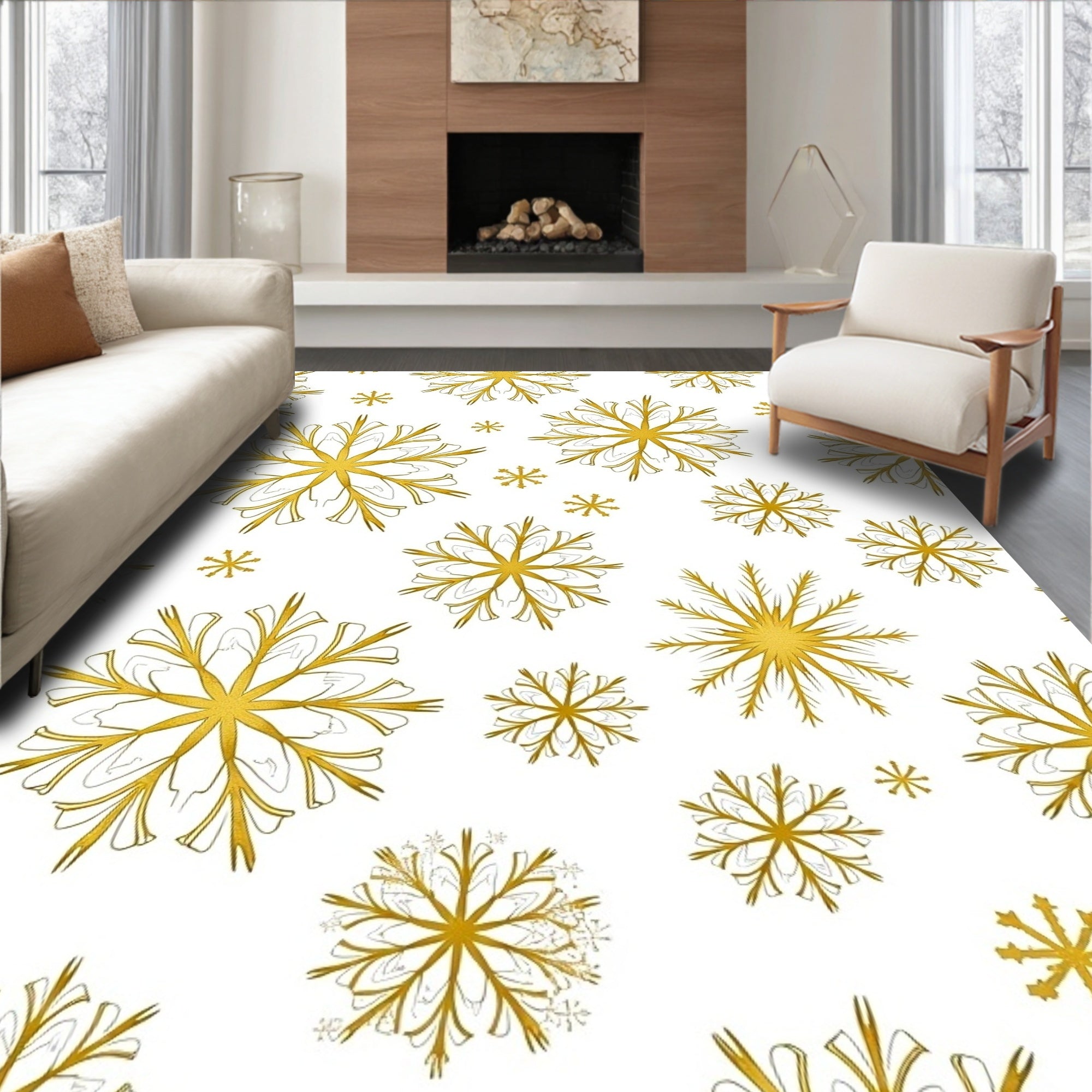 Elegant Gold Snowflake Scatter Rug