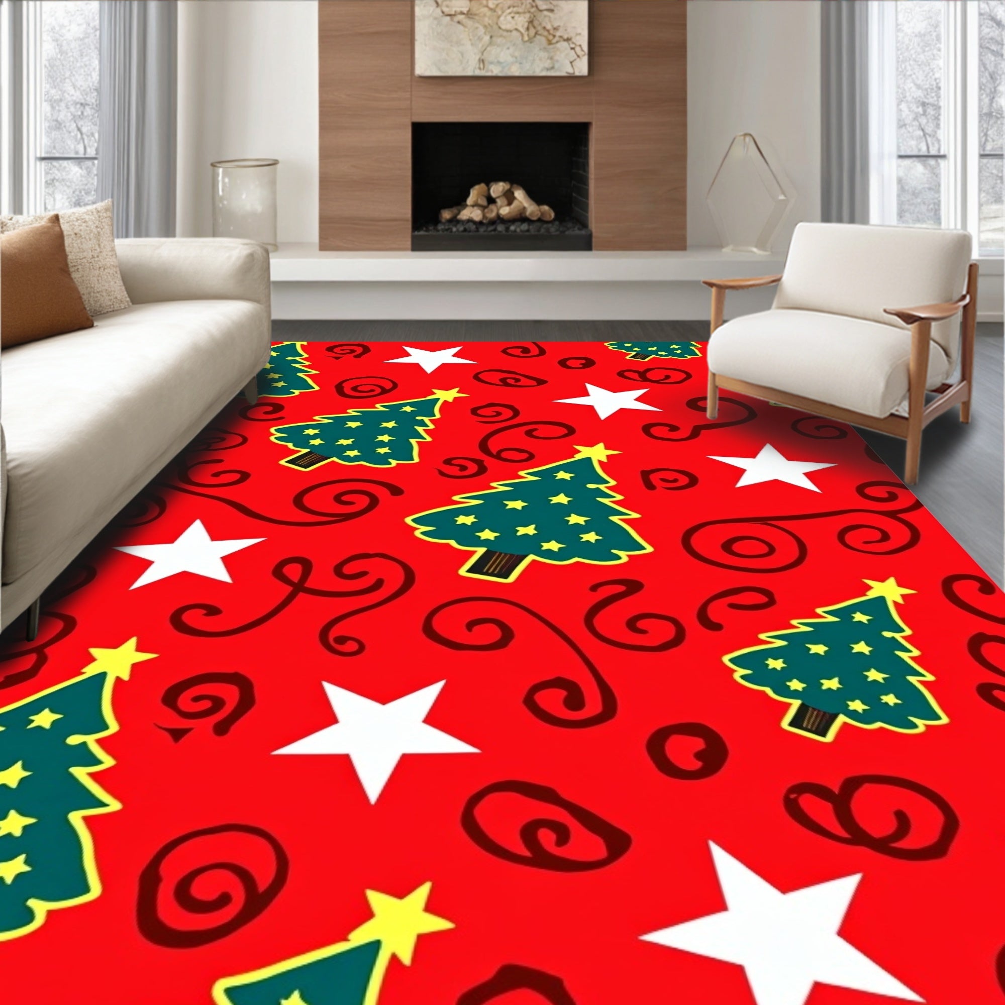 Red Christmas Trees Star Swirls Rug
