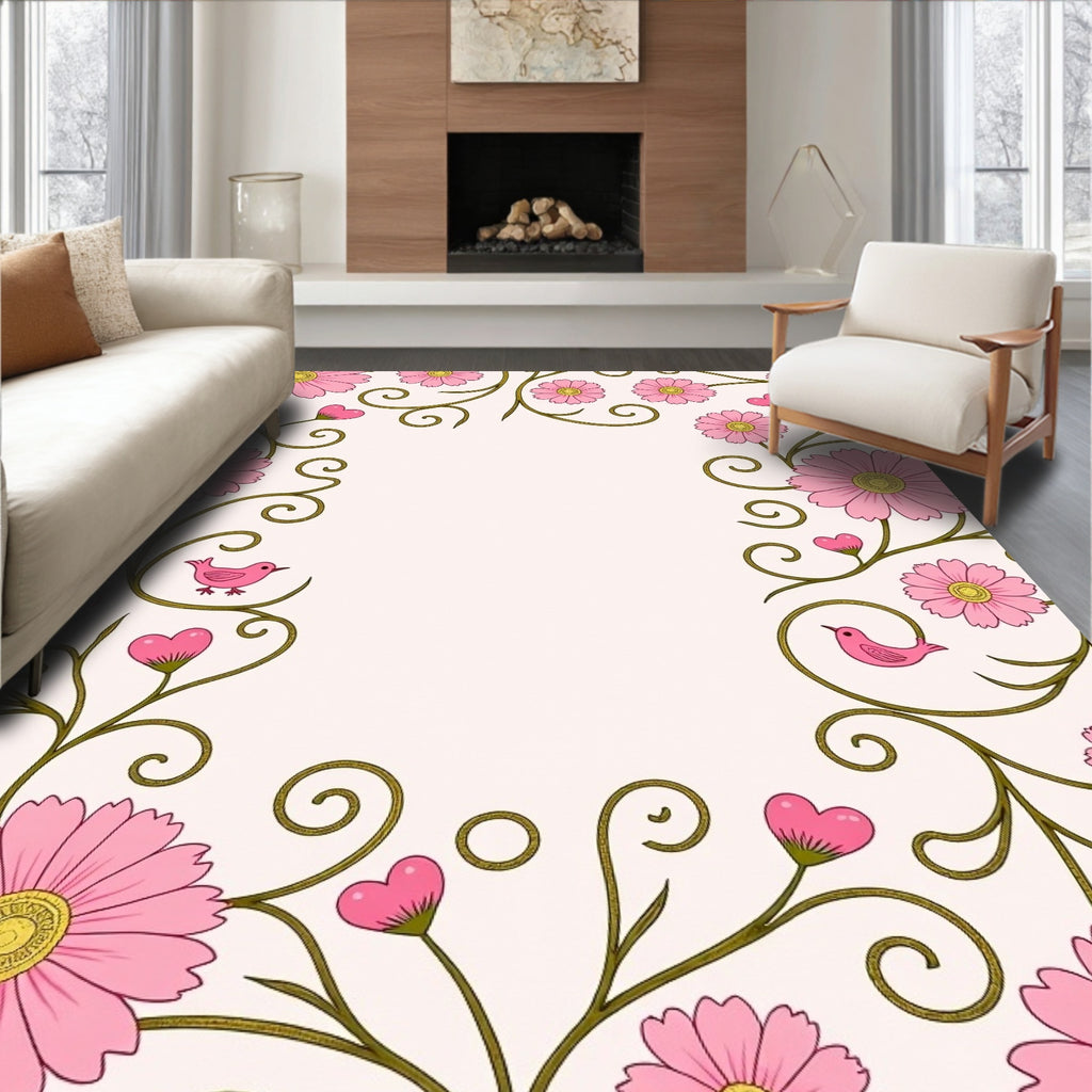 Pink Blossom Vine Bird Border Rug