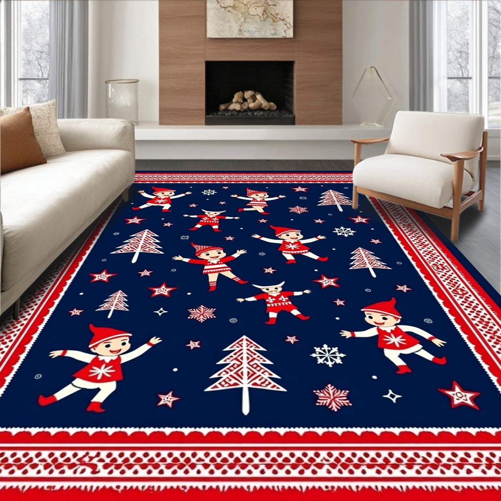 Festive Elves Red White Navy Christmas Rug