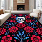 Crimson Floral Skull Black Ground Rug