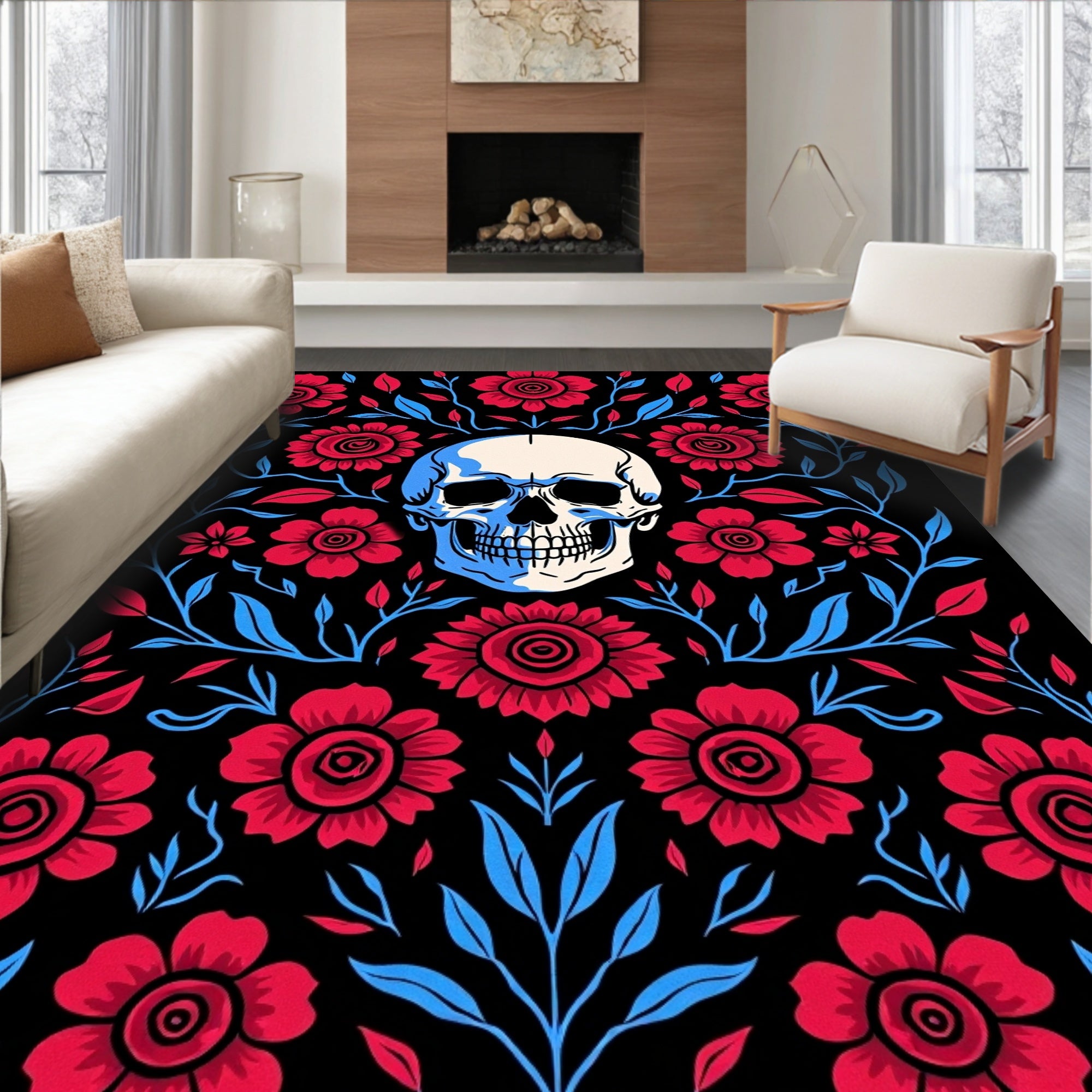 Crimson Floral Skull Black Ground Rug